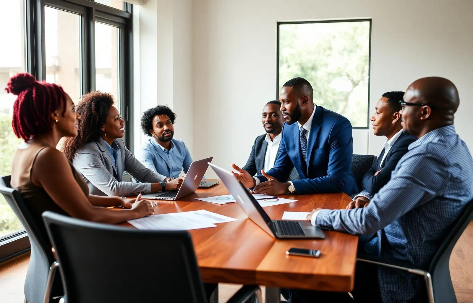 Senior Caribbean executive leading a strategic marketing discussion in a modern boardroom